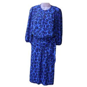 Vintage Royal Blue Black Floral Print Long Sleeve Knee Length Dress 1980s USA
